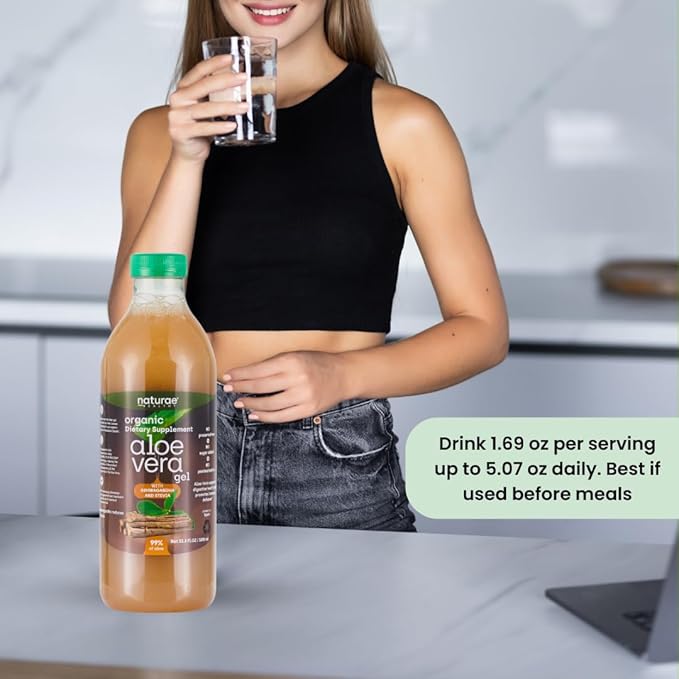 Naturae Healthy Organic Aloe Vera juice with Ashwagandha & Stevia -Cold processed- Fresh Aloe Vera leaves- 33.81 Fl Oz each bottle