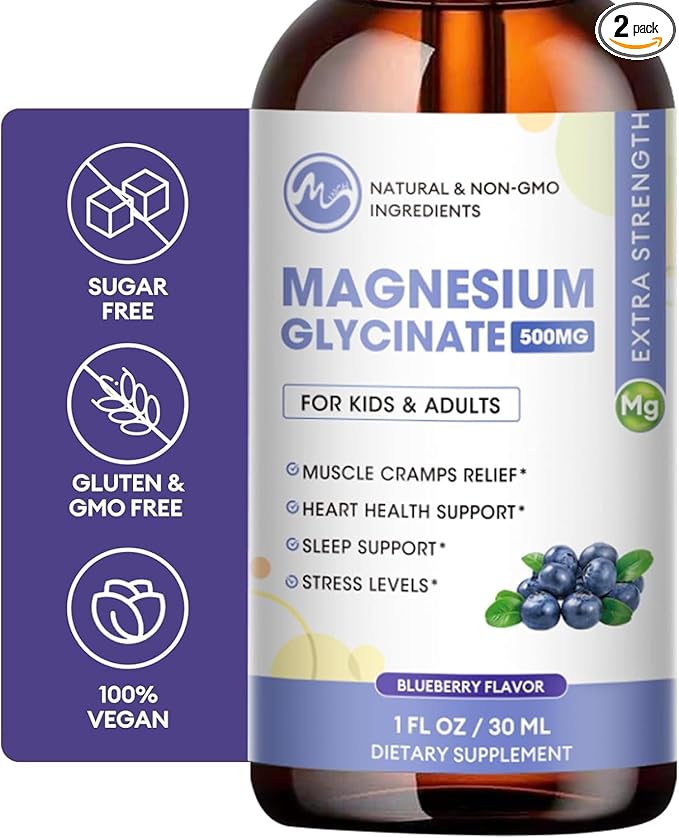 2 Pack Liquid Magnesium Glycinate with L-Theanine & Lemon Balm - Promotes Relaxation & Sleep – Supports Bone, Muscle & Heart Health - Gluten Free - 60 Day Supply
