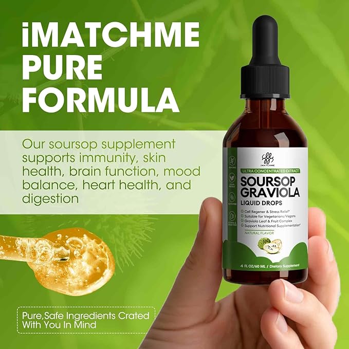 Soursop Graviola Liquid Drop for Cell Support & Regeneration, Immune System and Gut Health Support, Soursop Bitters Liquid, Herbal Goodness, Sugar/Gluten Free, Natural Flavor, 4 Fl Oz