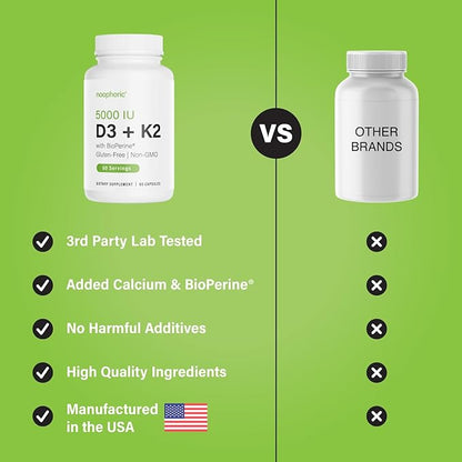 Noophoric D3 K2 Vitamin 5000 IU - Vitamin K2 100 mcg MK7, Calcium, BioPerine - Bone Health & Immune Support Supplement - Gluten-Free, Non-GMO - Vitamin D3 K2 Supplement (60 Servings)