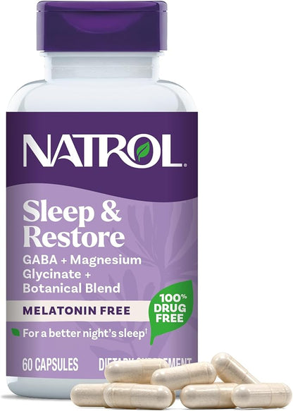 Natrol Sleep & Restore Capsules with Magnesium Glycinate 100mg, GABA, Essential for Your Ultimate Restorative Sleep, Melatonin-Free, 30 Day Supply