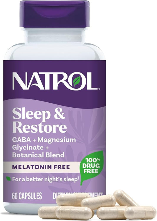 Natrol Sleep & Restore Capsules with Magnesium Glycinate 100mg, GABA, Essential for Your Ultimate Restorative Sleep, Melatonin-Free, 30 Day Supply