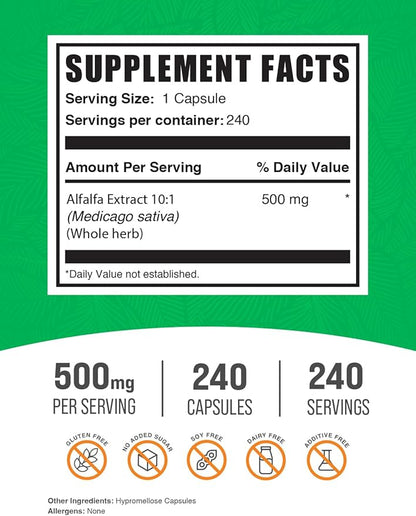 BulkSupplements.com Alfalfa Extract Capsules - Alfalfa Supplement, Green Superfood Supplement, Alfalfa Capsules - Gluten Free, 1 Capsule per Serving, 240 Veg Capsules (Pack of 1)