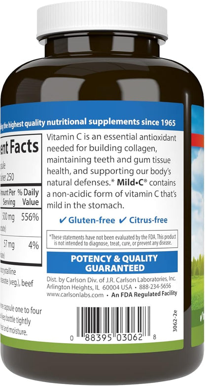 Carlson - Mild-C, 500 mg Buffered Vitamin C, Immune Support & Optimal Wellness, Antioxidant, 250 capsules
