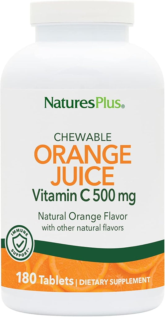 NaturesPlus Orange Juice Chewable Vitamin C - 500 mg, 180 Tablets - High Potency Immune Support Supplement, Antioxidant - Gentle On Stomach -Vegetarian, Gluten-Free - 180 Servings
