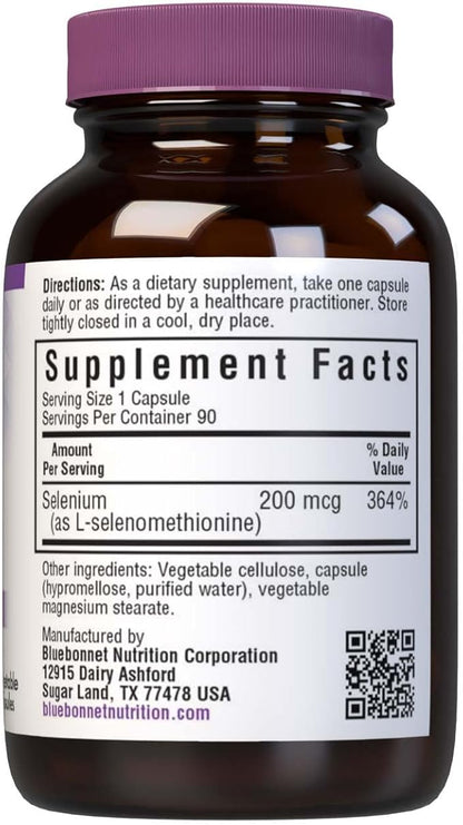 Bluebonnet Selenium 200mcg Capsules (L-selenomethionine) - Potent Antioxidant Support - Amino Acid Complex Selenium Supplement for Women & Men - Vegan, Non-GMO, Gluten-Free - 90 Vegetable Capsules