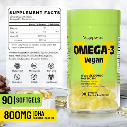 Vegan Omega-3 DHA Supplements - Premium Fish Oil Alternative from Algae Oil | 90 Carrageenan Free Softgels | Plant Based Algal DHA Essential Fatty Acids, Non-GMO (Algae, 90 Count (Pack of 2))