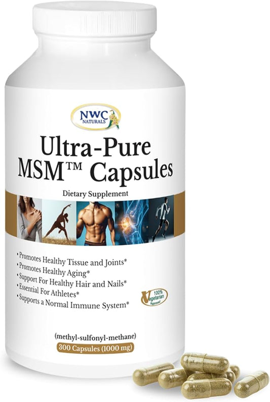 NWC Naturals Ultra-Pure MSM Capsules, 300ct Bottle, 1000mg Pure MSM for Joint Support