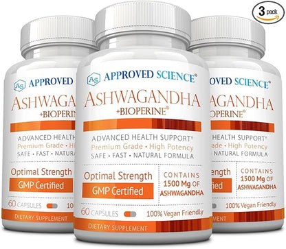 Approved Science Ashwagandha 1500mg with Bioperine® and Ginger- Boost Mood & Energy - 60 Vegan Friendly Capsules (3 Bottles)