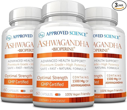 Approved Science Ashwagandha 1500mg with Bioperine® and Ginger- Boost Mood & Energy - 60 Vegan Friendly Capsules (3 Bottles)
