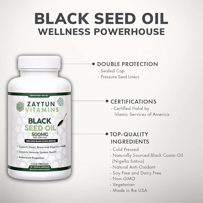 Halal Black Seed Oil (3-Pack) Cold-Pressed Nigella Sativa, Supports Heart, Brain, Joints, Immune Health, Non-GMO, Made in USA - Halal Vitamins