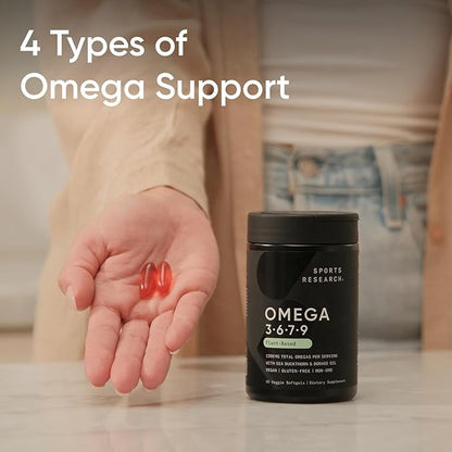 Sports Research® Vegan Omega 3-6-7-9 - 1200 mg of Multi-Spectrum Omega Fatty Acids Certified Non-GMO Formula with Sea Buckthorn & Borage Oil - 90 Veggie Softgels