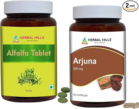 HERBAL HILLS Alfalfa Tablet and Arjuna Capsules Bark Extract Pack of 2 Combo