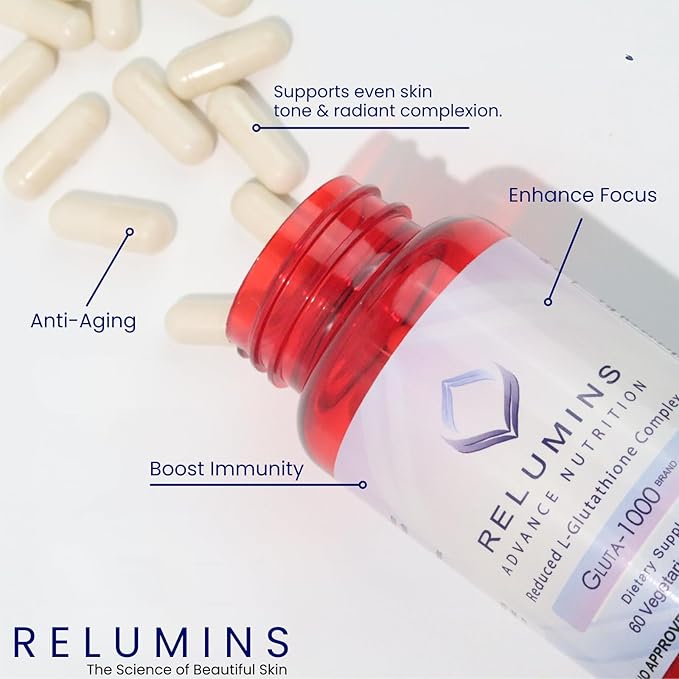 Relumins Advance Nutrition Gluta 1000 - Reduced L-Glutathione, Alpha Lipoic Acid & Rose HIPS - Antioxidant Support for Skin & Overall Wellness - 60 Veg Capsules x 3 Bottles (90-Day Supply)
