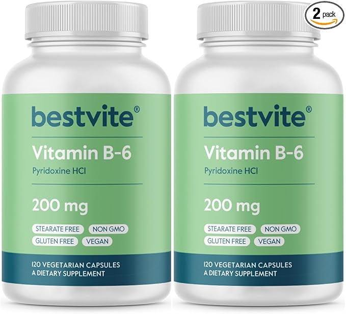 BESTVITE Vitamin B-6 200mg (240 Vegetarian Capsules) (2-Pack) - No Stearates - No Flow Agents