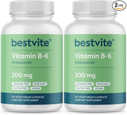 BESTVITE Vitamin B-6 200mg (240 Vegetarian Capsules) (2-Pack) - No Stearates - No Flow Agents
