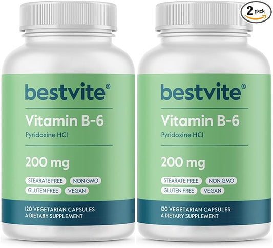 BESTVITE Vitamin B-6 200mg (240 Vegetarian Capsules) (2-Pack) - No Stearates - No Flow Agents