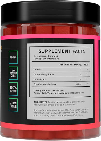 Sugar Free Creatine Monohydrate Gummies 5g, 5000mg for Men & Women, Strawberry - 120 Count, Pre Workout Chews for Energy Boost, for Building Muscle and Strength, Vegan, Non-GMO, Java