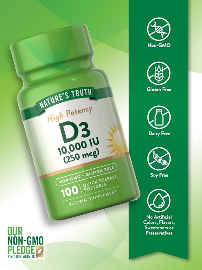 Nature's Truth Vitamin D3 10000 IU Softgels | 100 Count | High Potency Formula | Non-GMO and Gluten Free Supplement