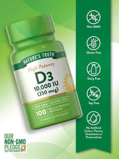 Nature's Truth Vitamin D3 10000 IU Softgels | 100 Count | High Potency Formula | Non-GMO and Gluten Free Supplement