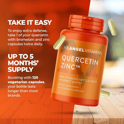 Mt. Angel Vitamins - Zinc Quercetin with Bromelain Supplement – Immune Support & Respiratory Health - Quercetin 500mg Capsules | Zinc 50mg | Vitamin C Capsules | Immune Booster for Adults - 120ct.