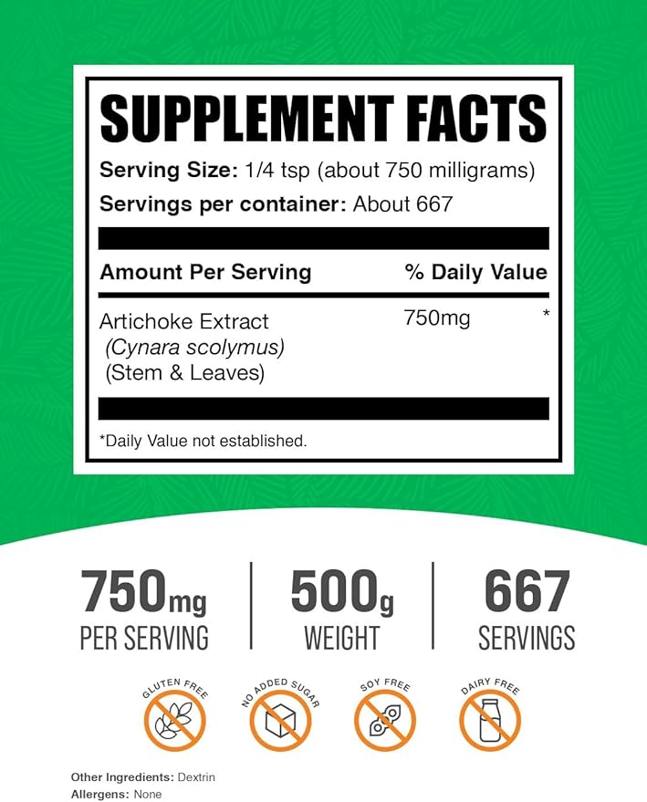 BulkSupplements.com Artichoke Extract Powder - Herbal Supplement, Artichoke Supplement - Vegan & Gluten Free, 750mg per Serving, 500g (1.1 lbs) (Pack of 1)
