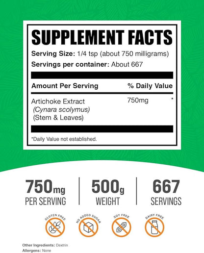 BulkSupplements.com Artichoke Extract Powder - Herbal Supplement, Artichoke Supplement - Vegan & Gluten Free, 750mg per Serving, 500g (1.1 lbs) (Pack of 1)