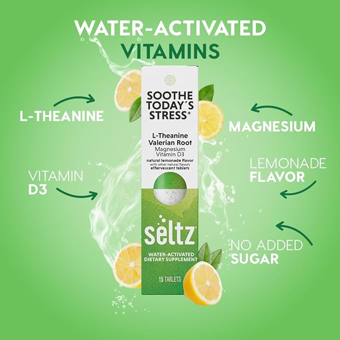 Seltz® Water-Activated Vitamins - Soothe Today´s Stress with L-Theanine, Magnesium, and Vitamin D3 – Natural Lemonade Flavor Dietary Supplement - 6 Packs x 15 Effervescent Tablets Each