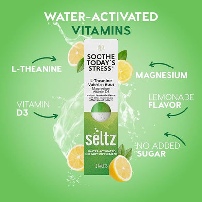 Seltz® Water-Activated Vitamins - Soothe Today´s Stress with L-Theanine, Magnesium, and Vitamin D3 – Natural Lemonade Flavor Dietary Supplement - 6 Packs x 15 Effervescent Tablets Each