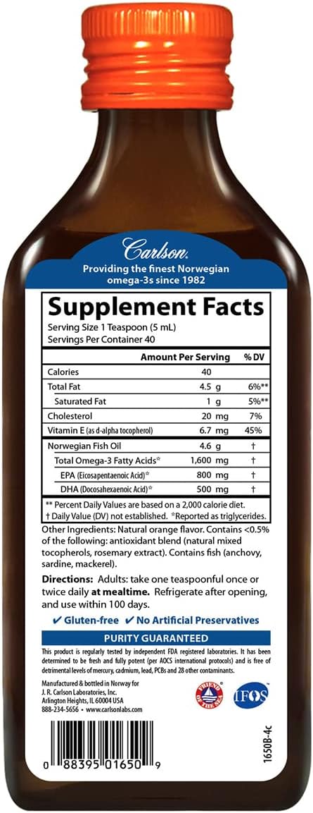 Carlson - The Very Finest Fish Oil, 1600 mg Omega-3s, Liquid Fish Oil Supplement, Norwegian Fish Oil, Wild-Caught, Sustainably Sourced Fish Oil Liquid, Orange, 6.7 Fl Oz
