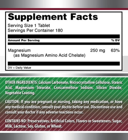 Amazing Formulas Chelated Magnesium Supplement | 250 Mg | 180 Tablets | Non-GMO | Gluten-Free | Made in USA
