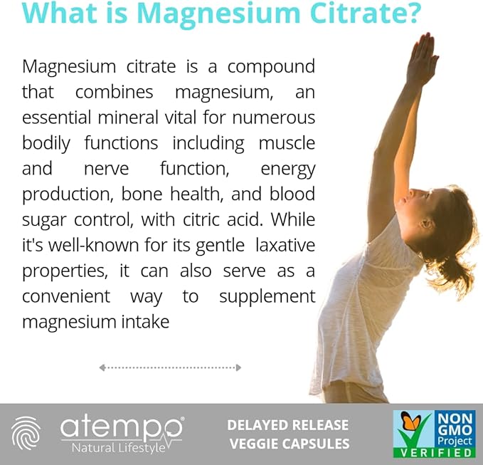 Magnesium Citrate, for Metabolism, Enzyme Function, Electrolyte Balance, Stress, Nerves & Muscles Health* Professional Grade High Absorption, NO FILLERS-ADDITIVES, 120 Vegan Capsules Delay Release