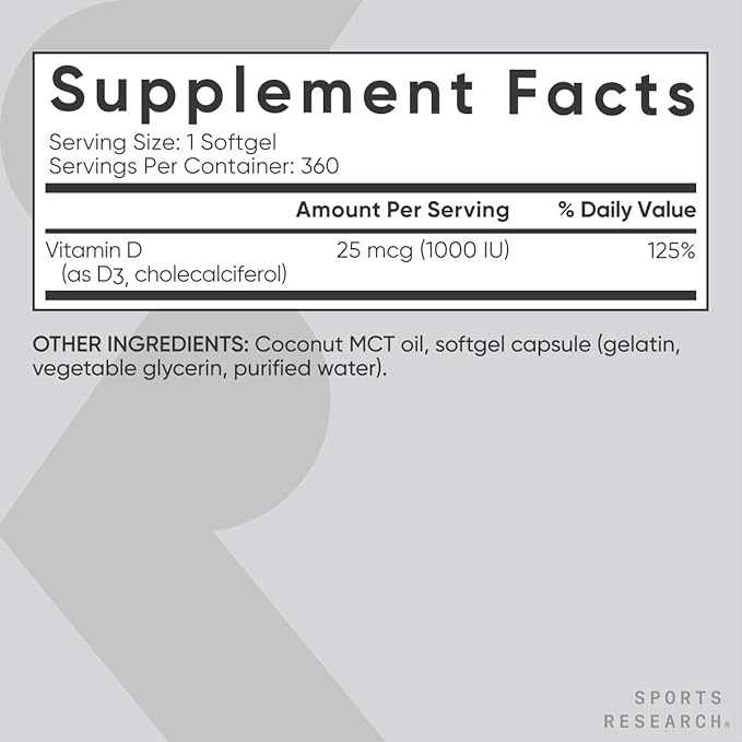 Sports Research Vitamin D3 1000iu (25mcg) Infused with Coconut Oil ~ Immune & Bone Support ~ Non-GMO Verified, Soy & Gluten Free (360 Mini Liquid Softgels)