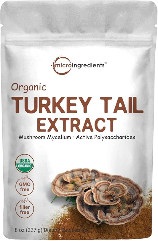 Micro Ingredients Organic Turkey Tail Mushroom Powder (50:1 Extract), 8 Ounce | Freeze Dried with Active Polysaccharides, Supports Immune Response & Cellular Level, Pet Friendly