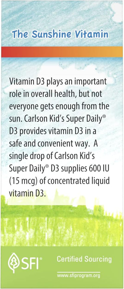 Carlson - Kid's Super Daily D3, Kids Vitamin D Drops, 600 IU (15 mcg) per Drop, Vegetarian, Liquid Vitamin D Drops for Kids, Unflavored, 90 Drops (2.54 mL)