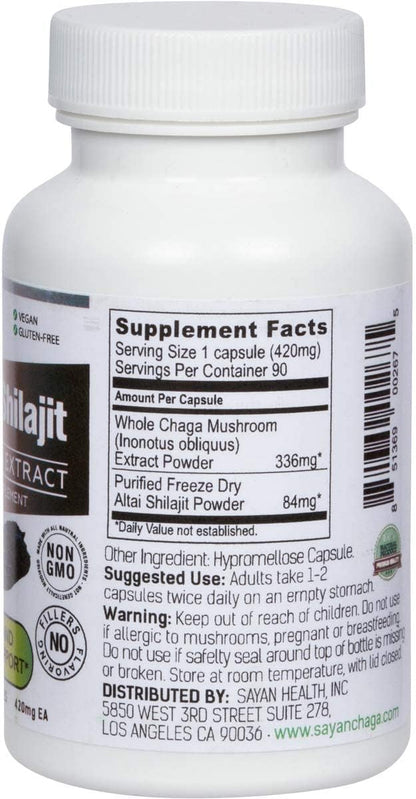 Sayan Siberian Chaga Mushroom Extract with Shilajit 90 Capsules/420mg ea.– Immune and Digestion System Support – Fulvic Acid Supplement – Energy & Clarity – Exclusive Blend – No Fillers