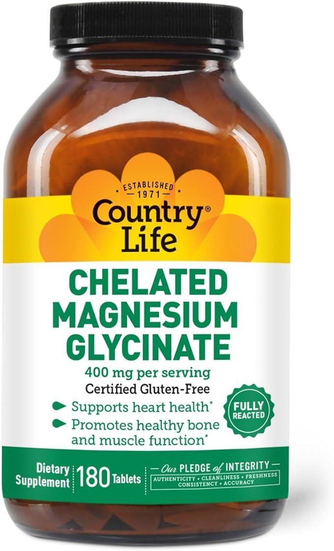 Country Life Chelated Magnesium Glycinate 400mg, 180 Tablets, Certified Gluten Free, Certified Vegan, Certified Halal, Non-GMO Verified