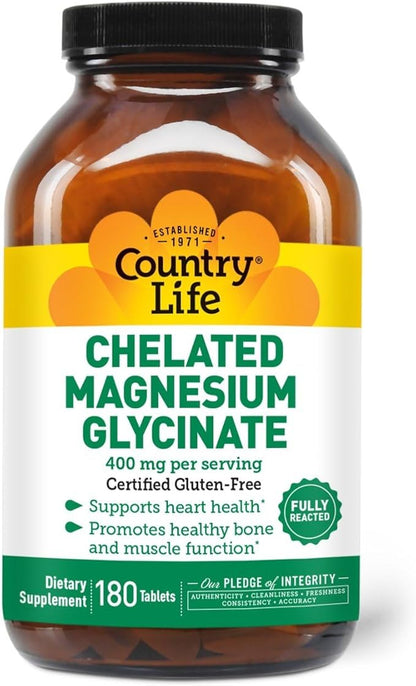 Country Life Chelated Magnesium Glycinate 400mg, 180 Tablets, Certified Gluten Free, Certified Vegan, Certified Halal, Non-GMO Verified