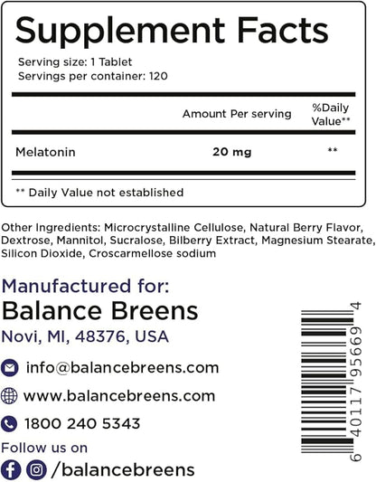 Balancebreens Melatonin 20mg Fast-Dissolve, 120 Tablets – Natural Sleep Aid for Restful Nights, Drug-Free Support for Relaxation and Tranquility
