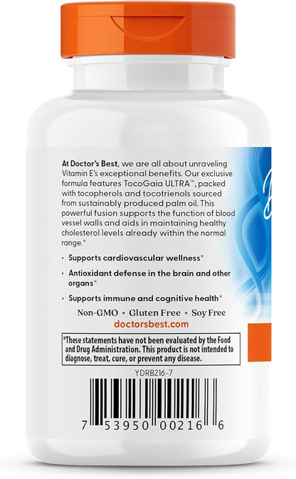 Doctor's Best Vitamin E Tocotrienols contains TocoGaia ULTRA™ bioenhanced full spectrum vitamin E complex, 60 Count