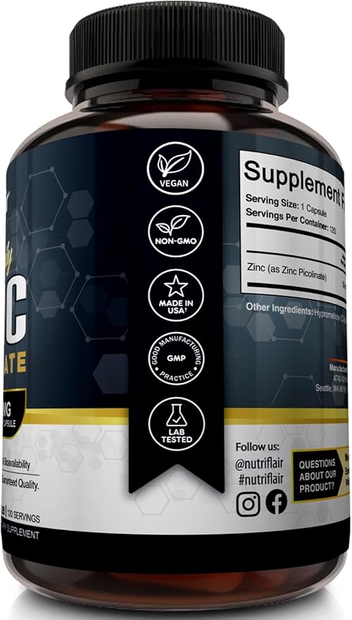 NutriFlair Zinc Picolinate 50mg, 120 Capsules - Maximum Absorption Zinc Supplement Pills - Immune System Booster, Immunity Defense, Powerful Non-GMO Antioxidant - Compare to gluconate, Citrate, Oxide