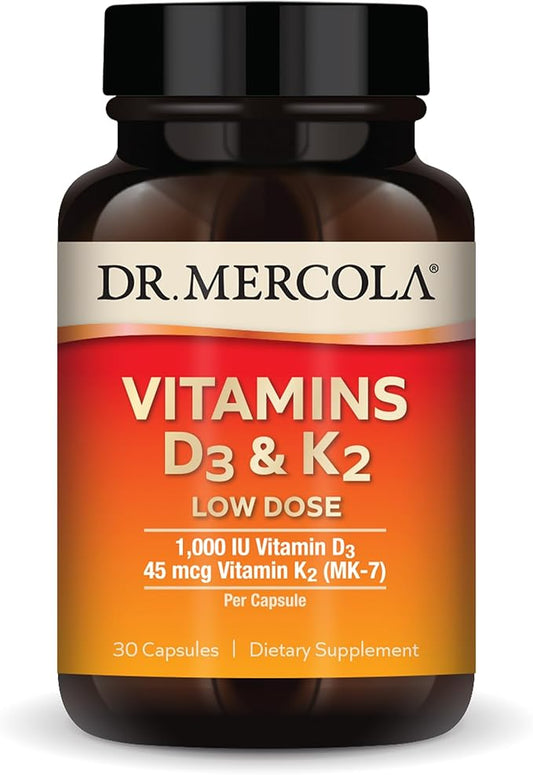 Dr. Mercola Vitamins D3 & K2 Low Dose, 30 Servings (30 Capsules), 1,000 IU Vitamin D3 & 45 mcg Vitamin K2 (MK-7) Per Capsule, Dietary Supplement, Supports Healthy Immune Function, Non-GMO