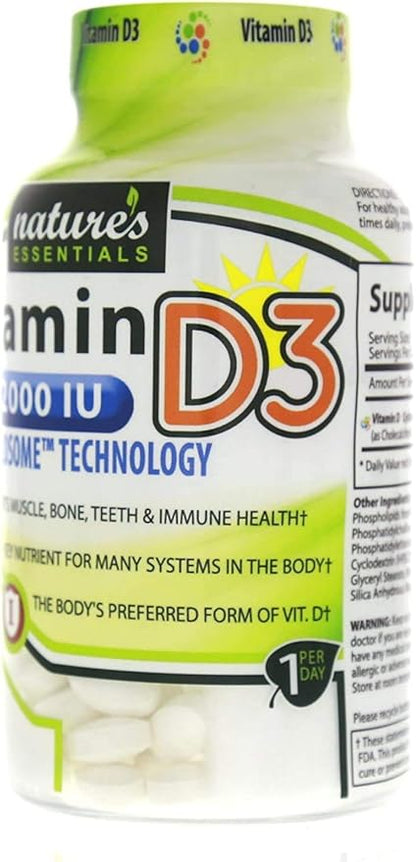 NATURE'S ESSENTIALS Vitamin D3 2000IU | Immune Support | Advanced Cyclosome Liposomal Delivery | Non-GMO, Gluten Free, Vegetarian | 100 Tablets