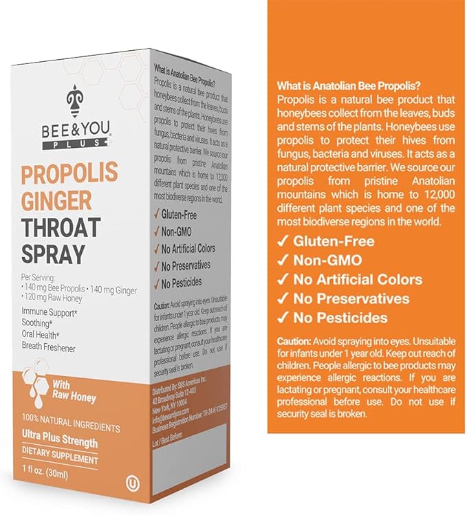Bee and You Propolis Ginger Raw Honey Soothing Throat Spray, Ultra Pure, Immune Support Supplement, Oral Health, Antioxidants, Keto, Paleo, Gluten-Free, 1 Fl Oz