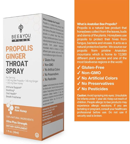 Bee and You Propolis Ginger Raw Honey Soothing Throat Spray, Ultra Pure, Immune Support Supplement, Oral Health, Antioxidants, Keto, Paleo, Gluten-Free, 1 Fl Oz