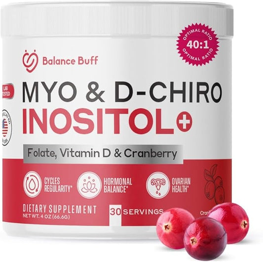 Inositol Supplement for Women | Myo-Inositol & D- Chiro Inositol Plus Folate and Vitamin D and Cranberry | Ideal 40:1 Ratio | Vitamin B8 - Powder - 30 Day Supply