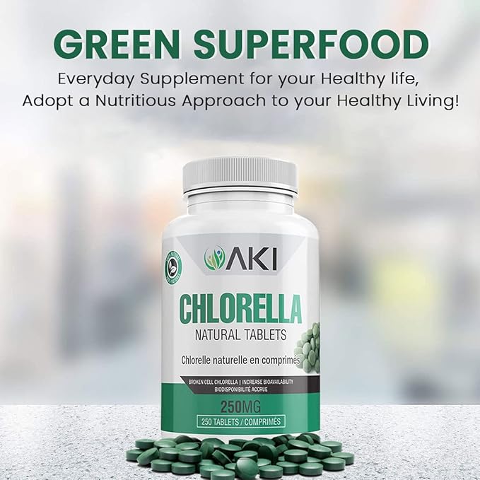 AKI Chlorella Superfood Supplement Tablets (250) - Green Superfood Fount of Vitamin B12, Iron & Protein - Ideal in GMO Free & Vegan Friendly