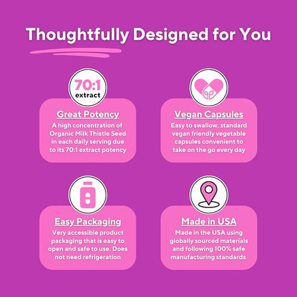 Organic Milk Thistle Supplement 70:1 Extract, 80% Silymarin, Liver Cleanse Detox & Repair, Liver Health Support, Antioxidants - 60 Vegan Capsules, Non-GMO, Gluten-Free