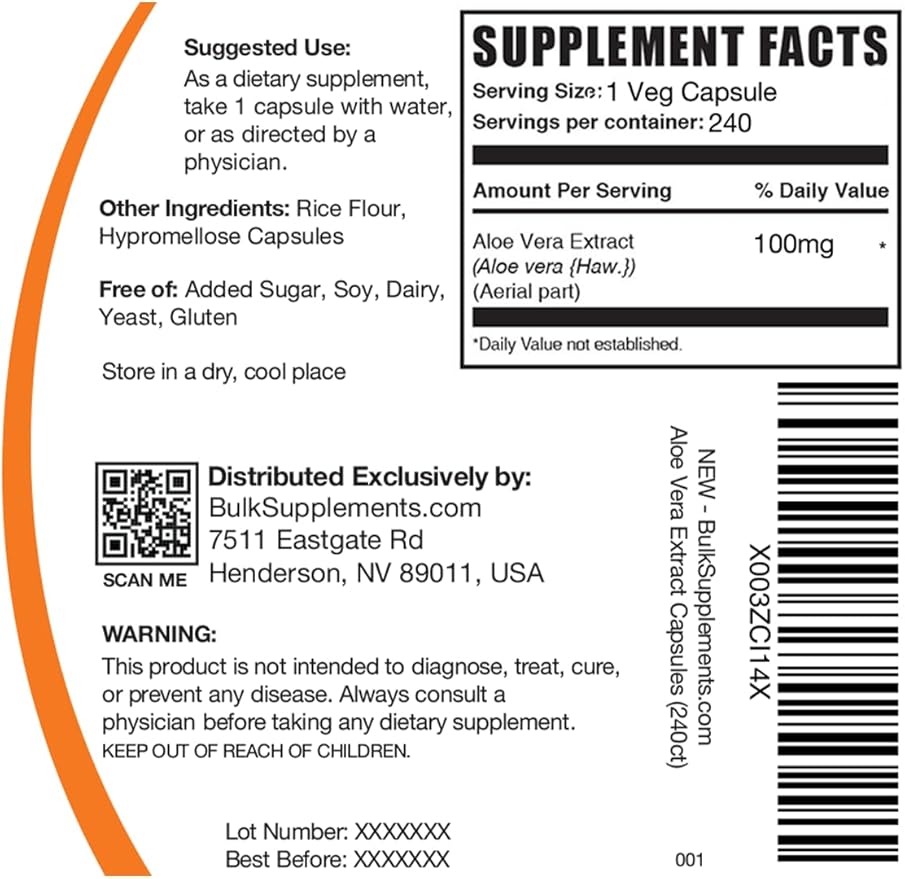 BulkSupplements.com Aloe Vera Capsules - Aloe Vera Extract, Aloe Vera Supplement - Herbal Supplement, Gluten Free, 1 Capsule per Serving, 240 Veg Capsules (Pack of 1)