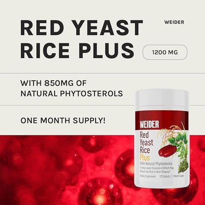 Weider Red Yeast Rice Plus 1200mg, with 850mg of Natural Phytosterols, Gluten Free, One Month Supply